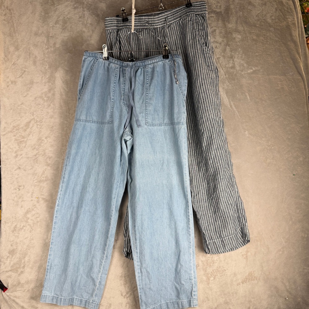 LL Bean Petite Pants Bundle 8P Small Light Wash Chambray Navy Striped Linen Lot